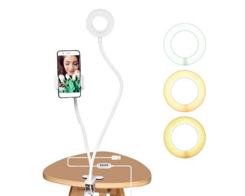 Универсальный селфи держатель GSMIN Flex кольцо с подсветкой для смартфонов (Белый)