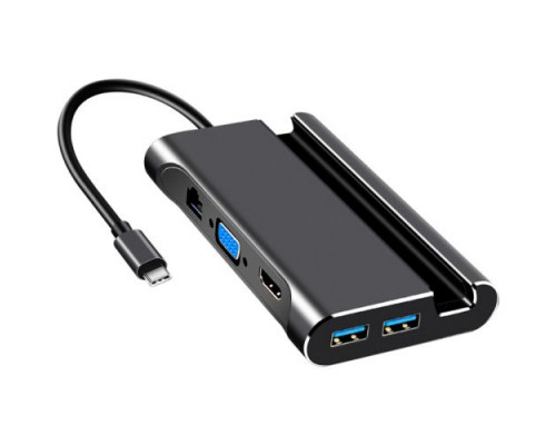 USB-концентратор (Хаб) GSMIN RT-17 7 в 1 c подставкой для телефона (Type-C, 3xUSB 3.0, RJ45, HDMI, VGA, PD) (Черный)