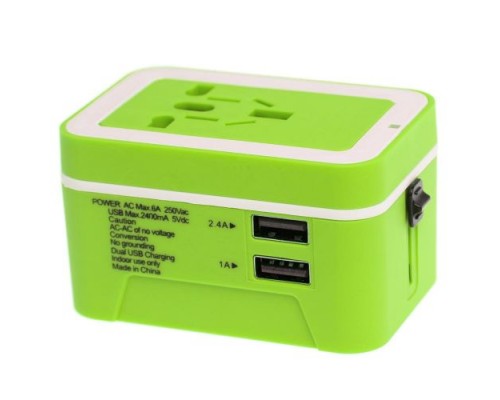 Переходник для розетки GSMIN Travel Adapter HHT201 (2 USB входа) с кейсом (Зеленый)