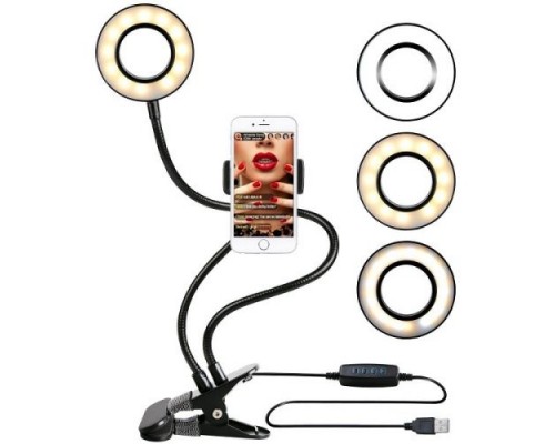 Универсальный селфи держатель GSMIN Flex кольцо с подсветкой для смартфонов (Черный)