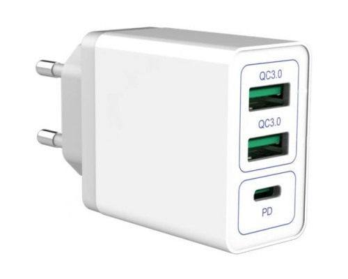 Сетевое зарядное устройство GSMIN A60 быстрая зарядка Quick Charge 3.0 2хUSB+ PD 3.0 Type-C (до 12V, 30W, 3A) (Белый)