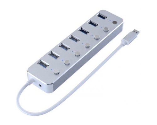 USB-концентратор GSMIN B95 (разветвитель HUB) на 7 портов USB 3.0 металлический с выключателем (20 см) (Серебристый)