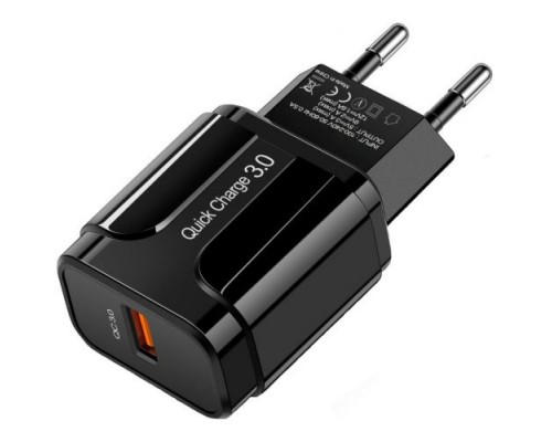 Сетевое зарядное устройство GSMIN TE-023 быстрая зарядка Quick Charge 3.0 USB (до 12V, 3A) (Черный)