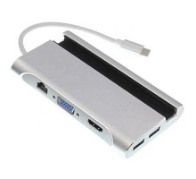 USB-концентратор (Хаб) GSMIN RT-17 7 в 1 c подставкой для телефона (Type-C, 3xUSB 3.0, RJ45, HDMI, VGA, PD) (Серый)