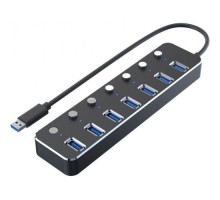 USB-концентратор GSMIN B95 (разветвитель HUB) на 7 портов USB 3.0 металлический с выключателем (20 см) (Черный)