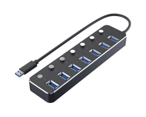 USB-концентратор GSMIN B95 (разветвитель HUB) на 7 портов USB 3.0 металлический с выключателем (20 см) (Черный)