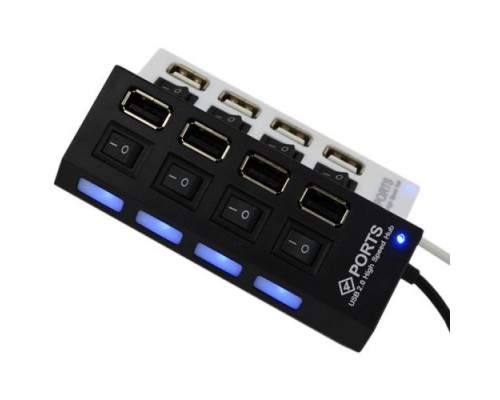 USB-концентратор (Хаб) GSMIN GP-01 на 4 порта с выключателем (1А, 5V, USB 2.0) (Черный)