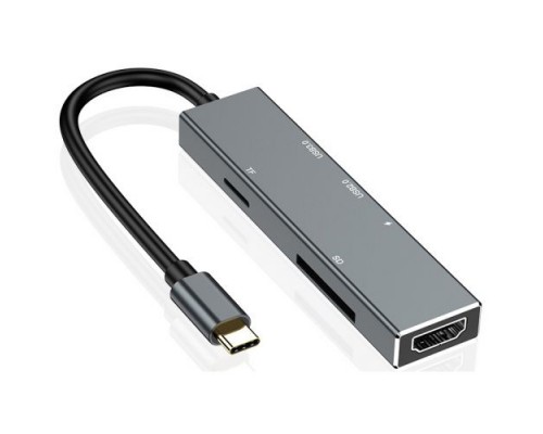 USB-концентратор (Хаб) GSMIN RT-18 6 в 1 (Type-C, USB 2.0, USB 3.0, TF, SD, HDMI) (Серый)