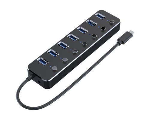 USB-концентратор HRS A22 (разветвитель Type-С HUB) на 7 портов USB 3.0 металлический с выключателем (60 см) (Черный)